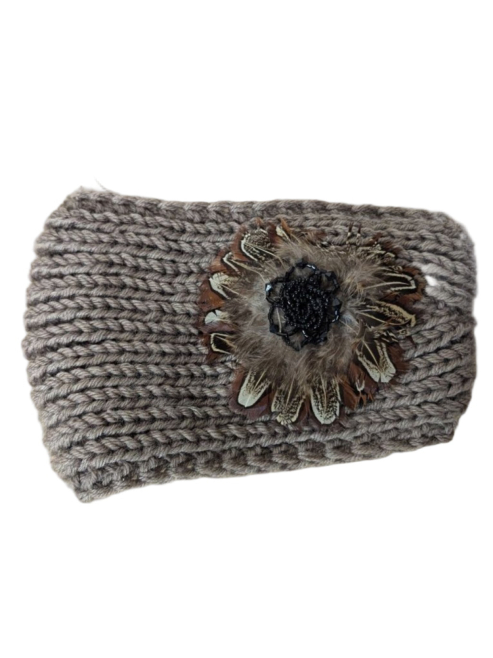 Women's Unbranded Brown Knit Headband with Feather & Bead Detail, One Size